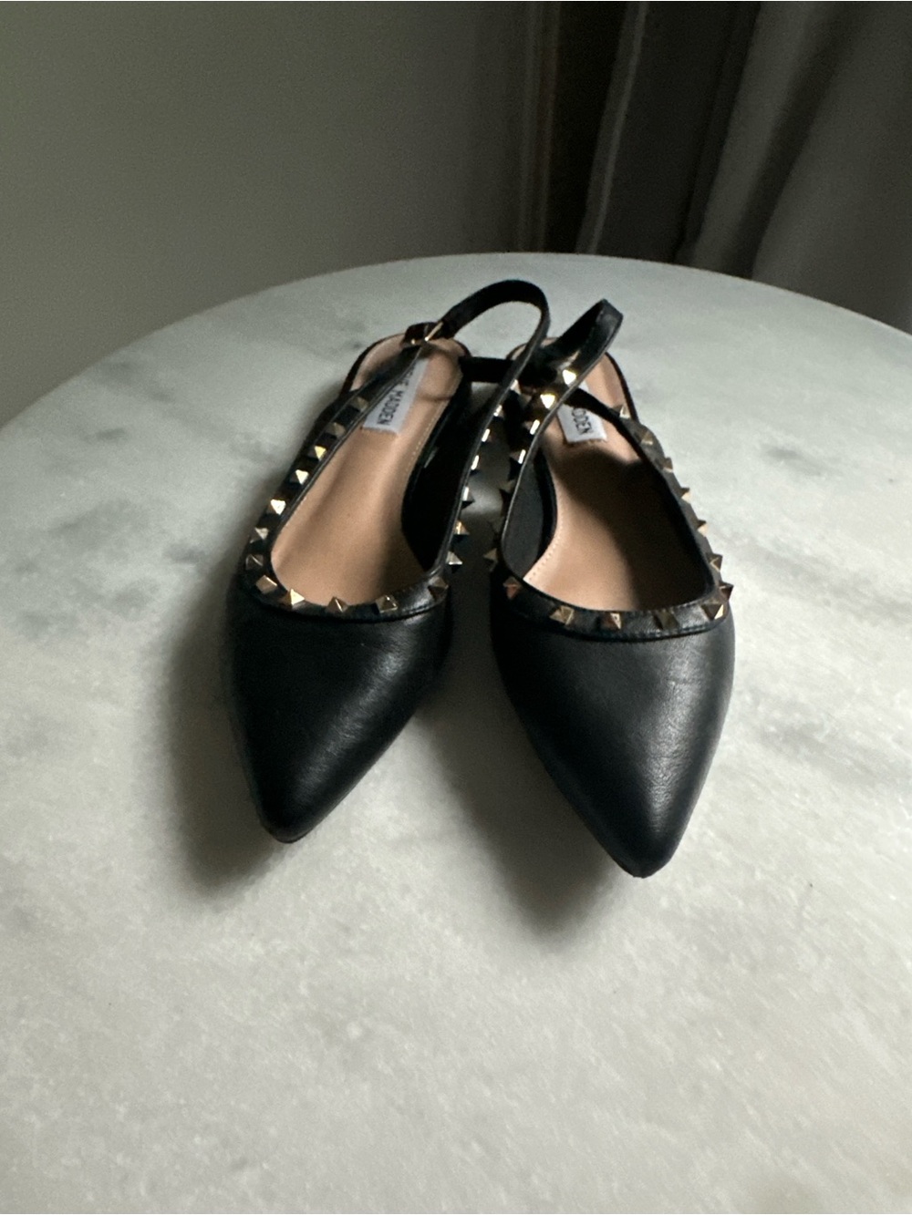 Steve Madden Black Pointed Slingback Flats with Gold Studs
